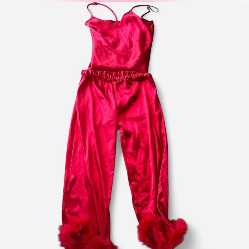 Red Satin Jumpsuit with Feather Trim - Picture 2 of 5